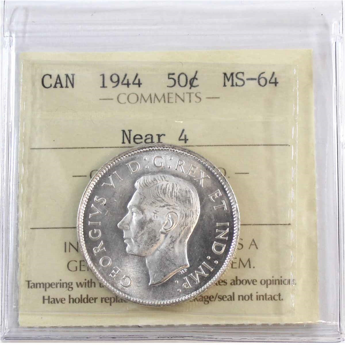 1944 Near 4 Canada 50-cents ICCS Certified MS64