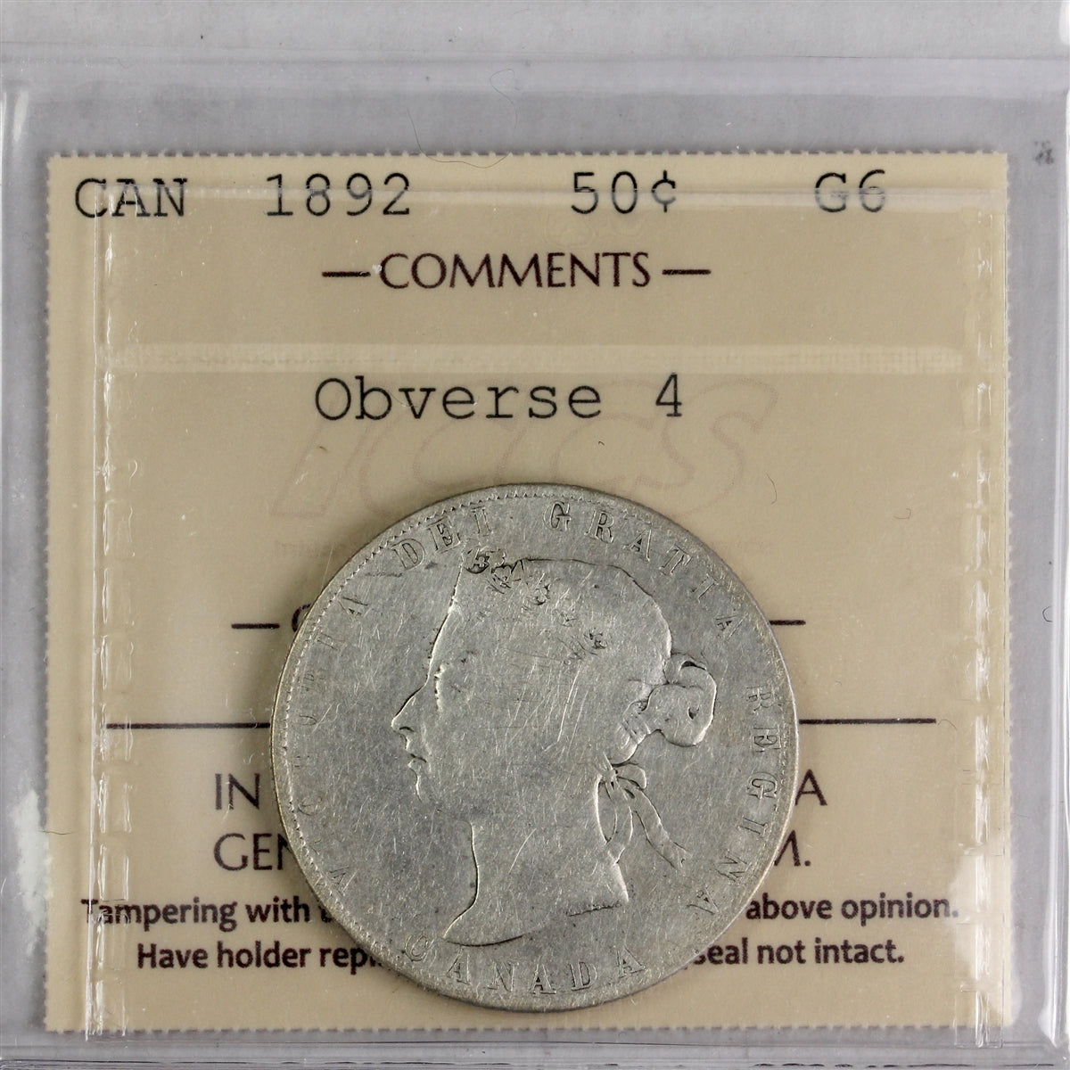 1892 Obv. 4 Canada 50-cents ICCS Certified G6