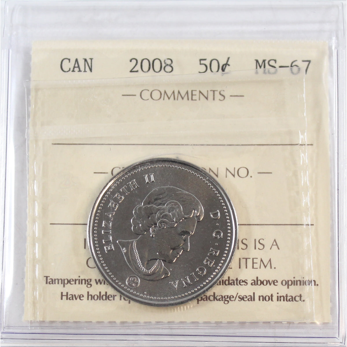 2008 Canada 50-cents ICCS Certified MS67
