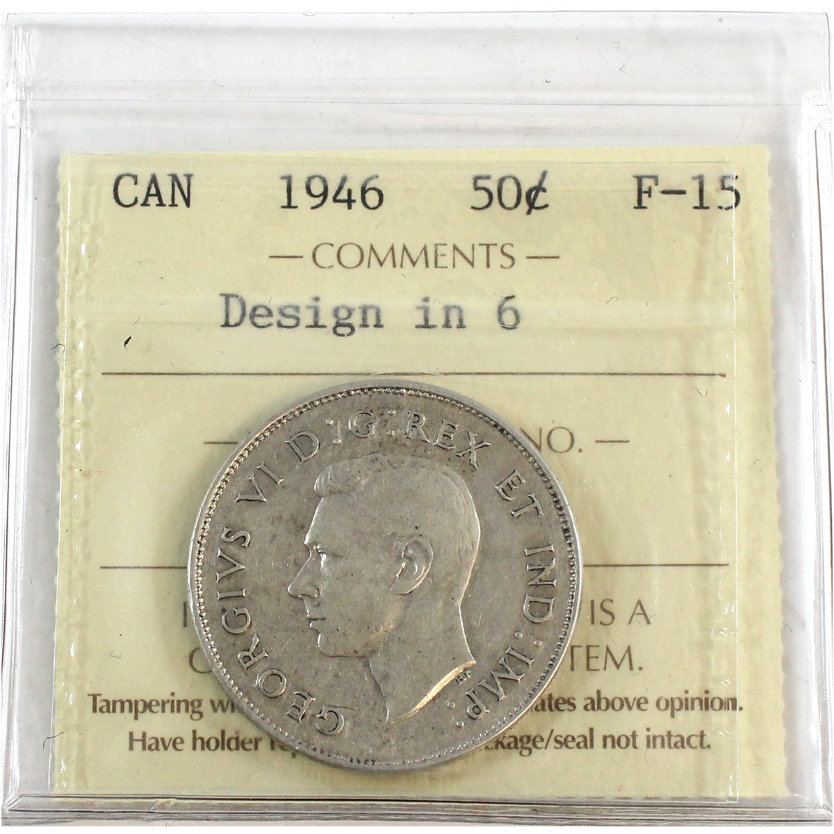 1946 Design in 6 Canada 50-cents ICCS Certified F15