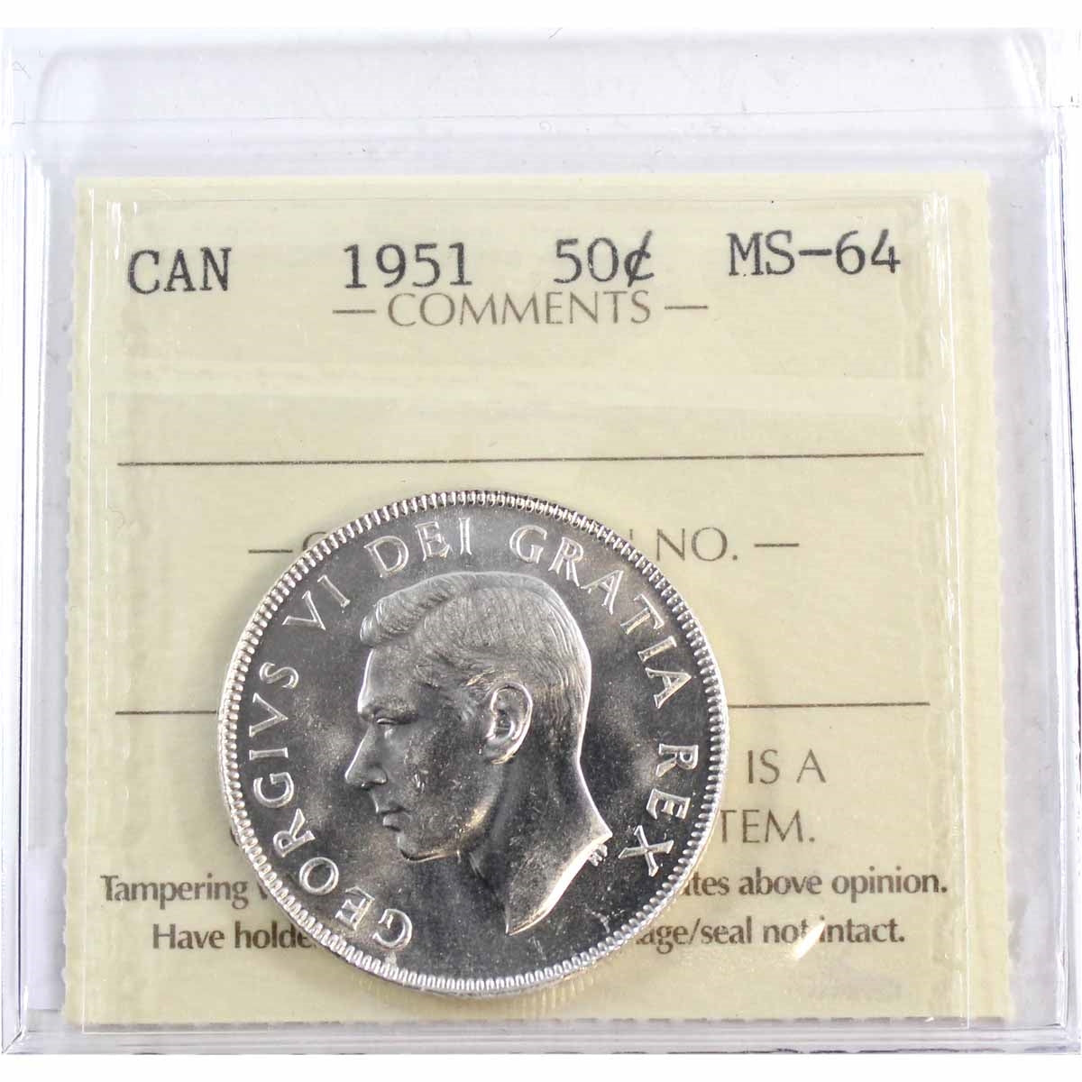 1951 Canada 50-cents ICCS Certified MS64