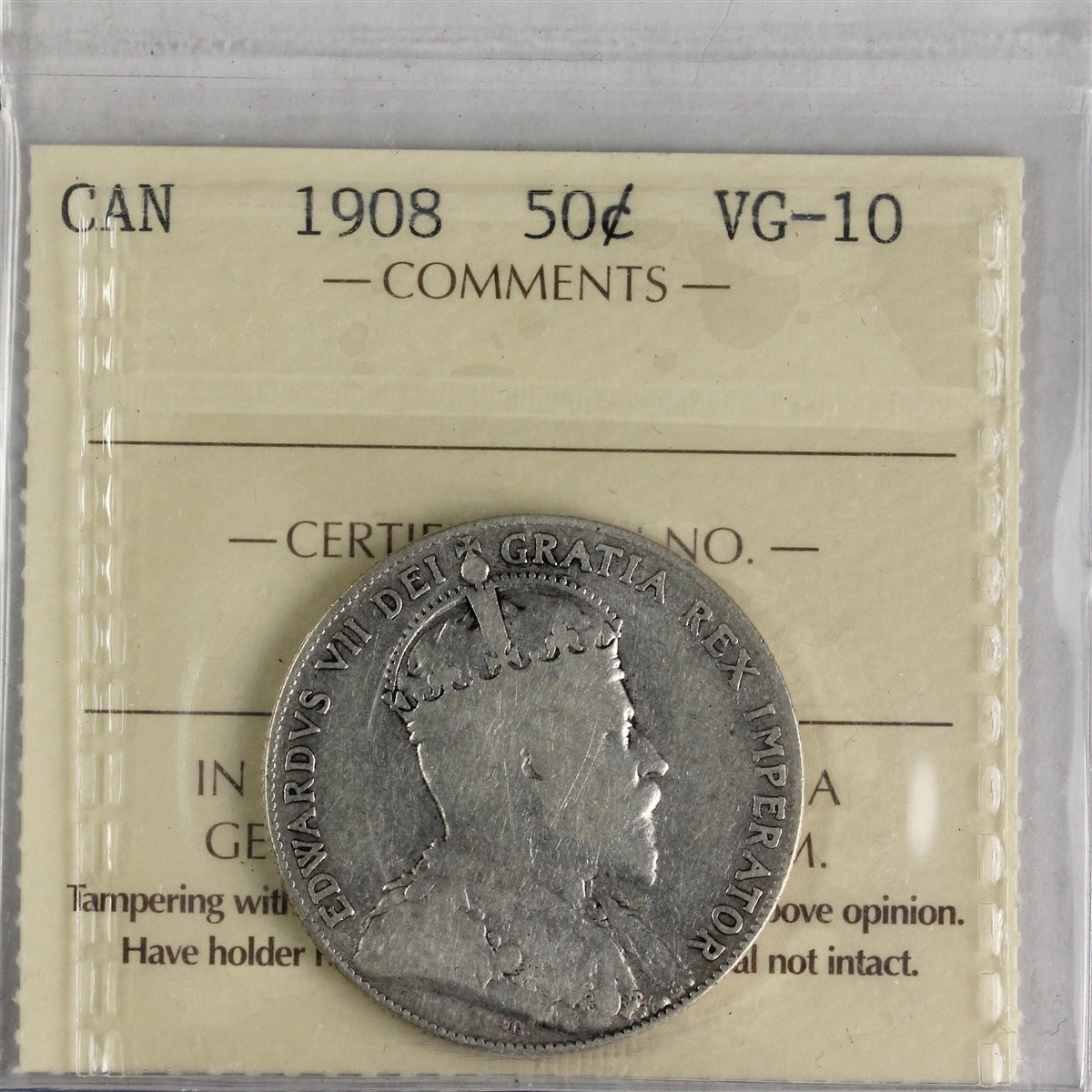 1908 Canada 50-cents ICCS Certified VG10