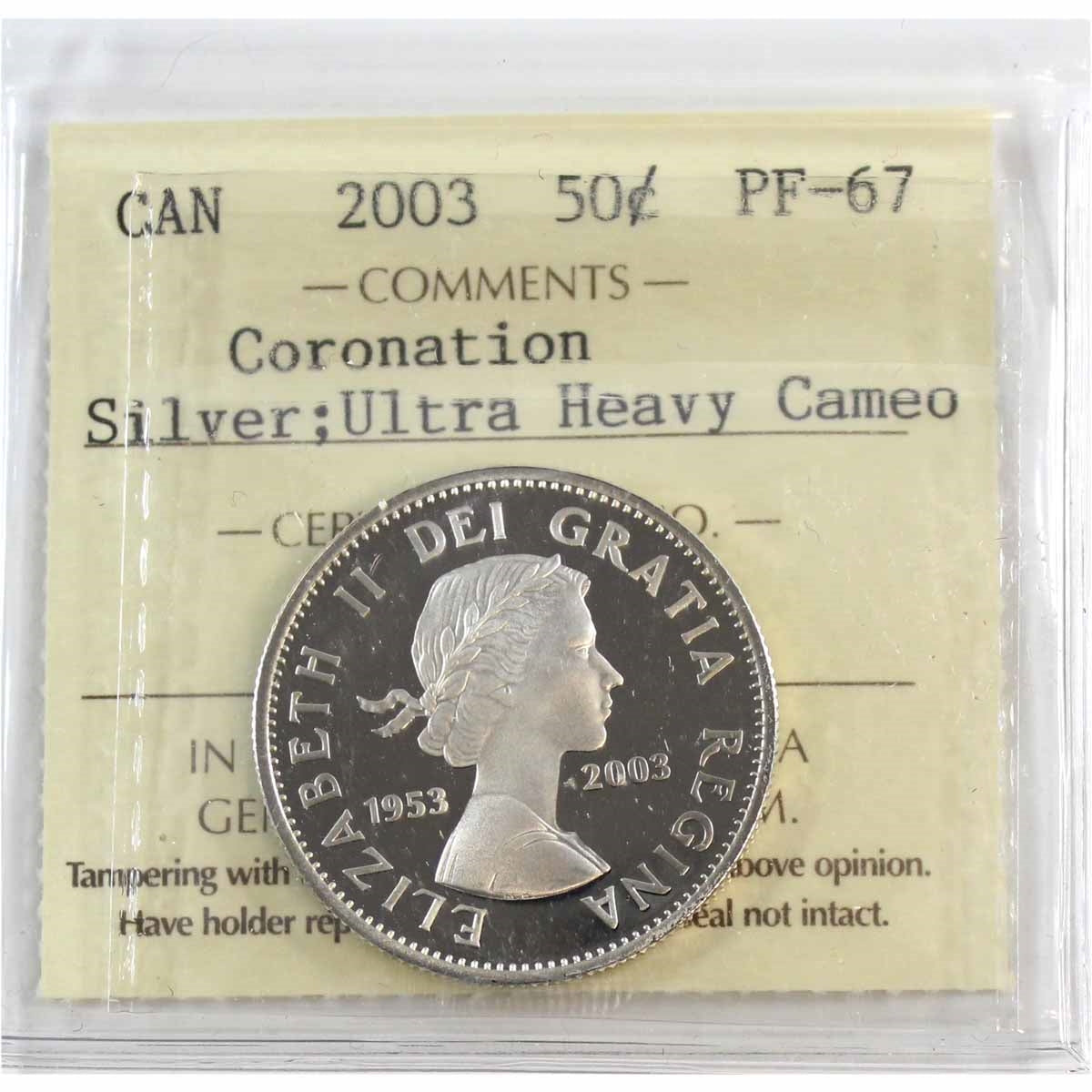 2003 Coronation Silver Canada 50-cents ICCS Certified PF-67 Ultra Heavy Cameo