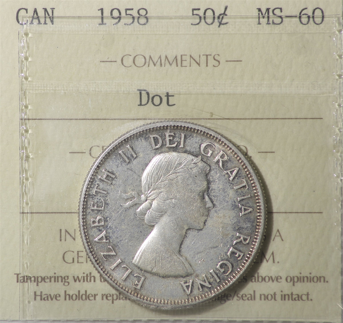 1958 Dot Canada 50-cents ICCS Certified MS60