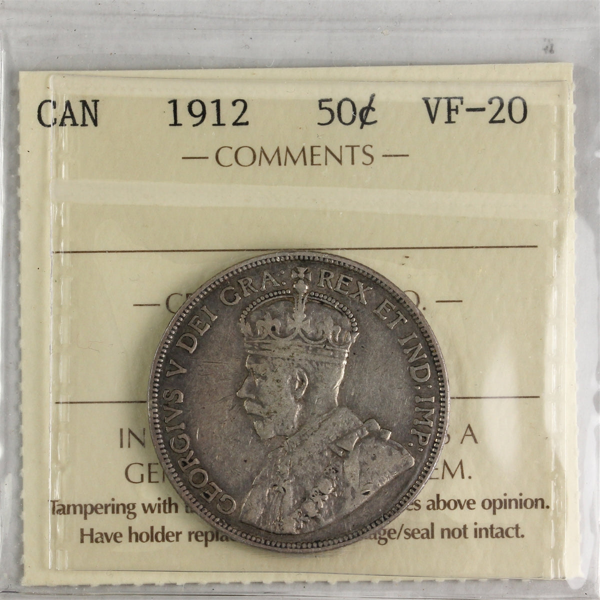 1912 Canada 50-cents ICCS Certified VF20