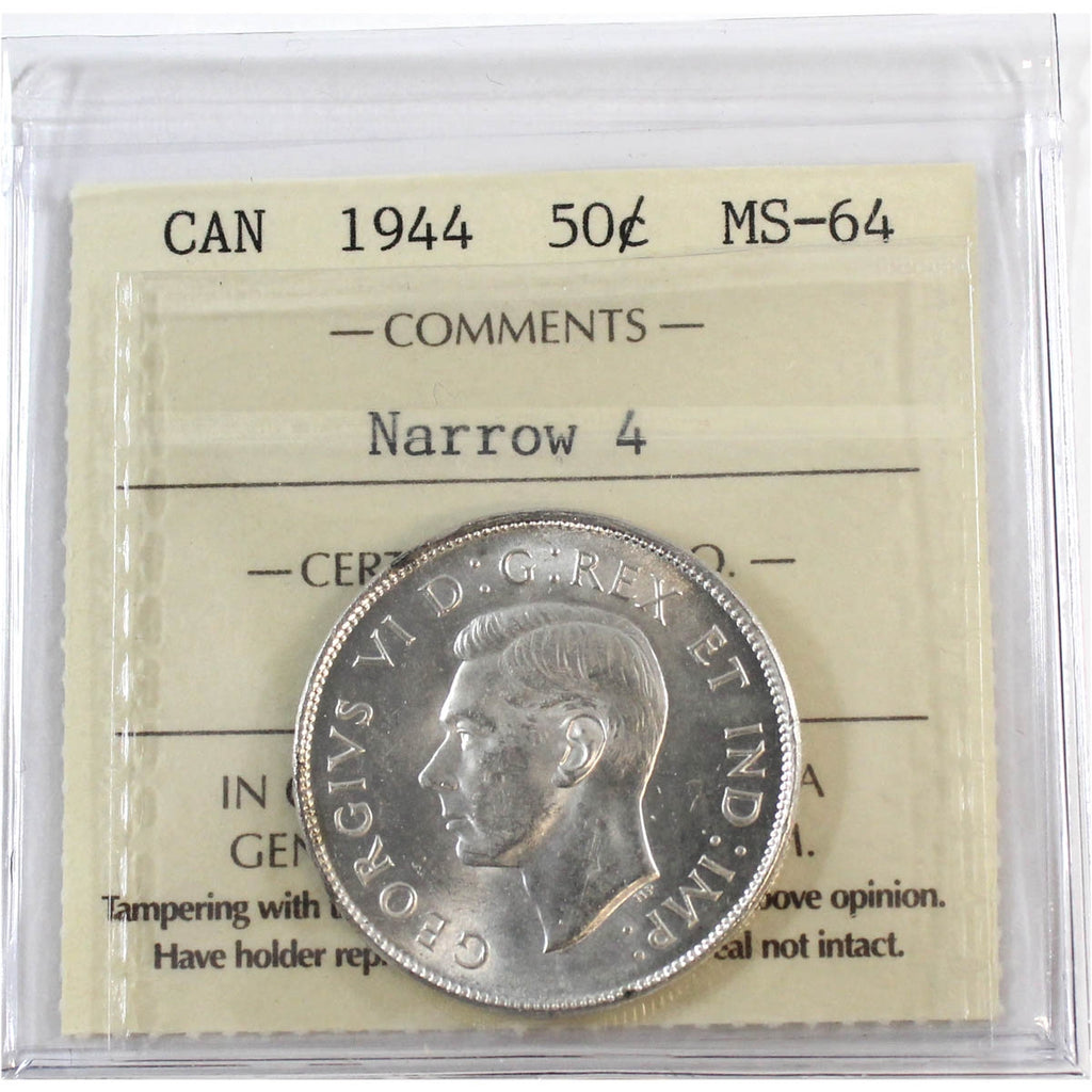 1944 Narrow 4 Canada 50-cents ICCS Certified MS64