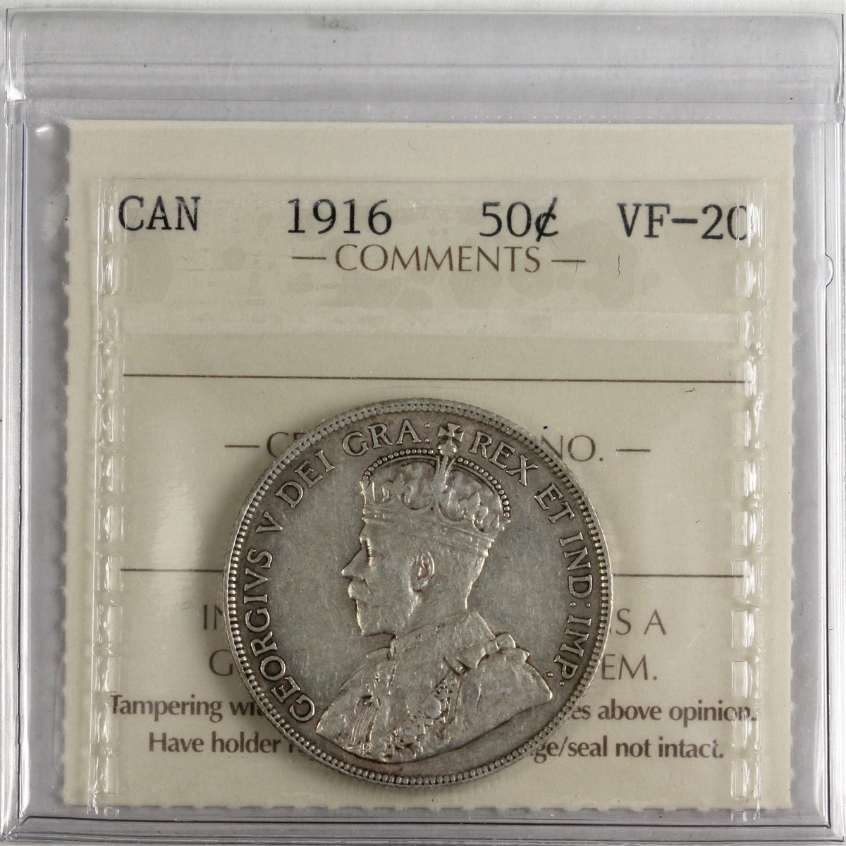 1916 Canada 50-cents ICCS Certified VF20