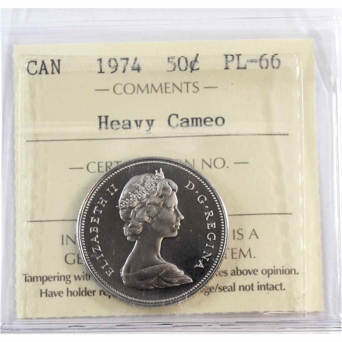 1974 Canada 50-cents ICCS Certified PL66 Heavy Cameo