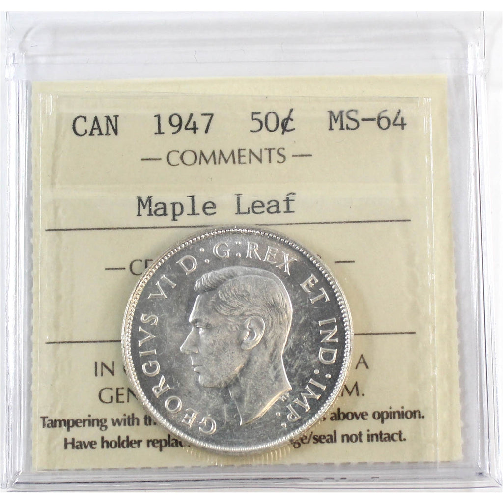 1947 Maple Leaf Canada 50-cents ICCS Certified MS64