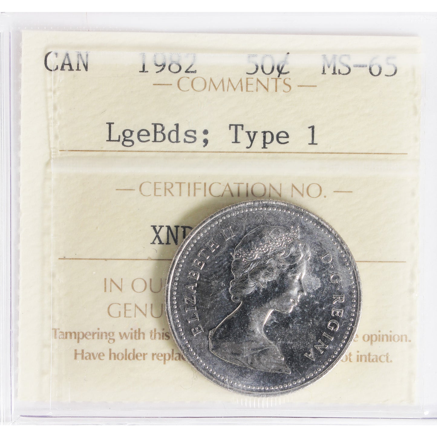 1982 Large Beads, Type 1 Canada 50-cents ICCS Certified MS65