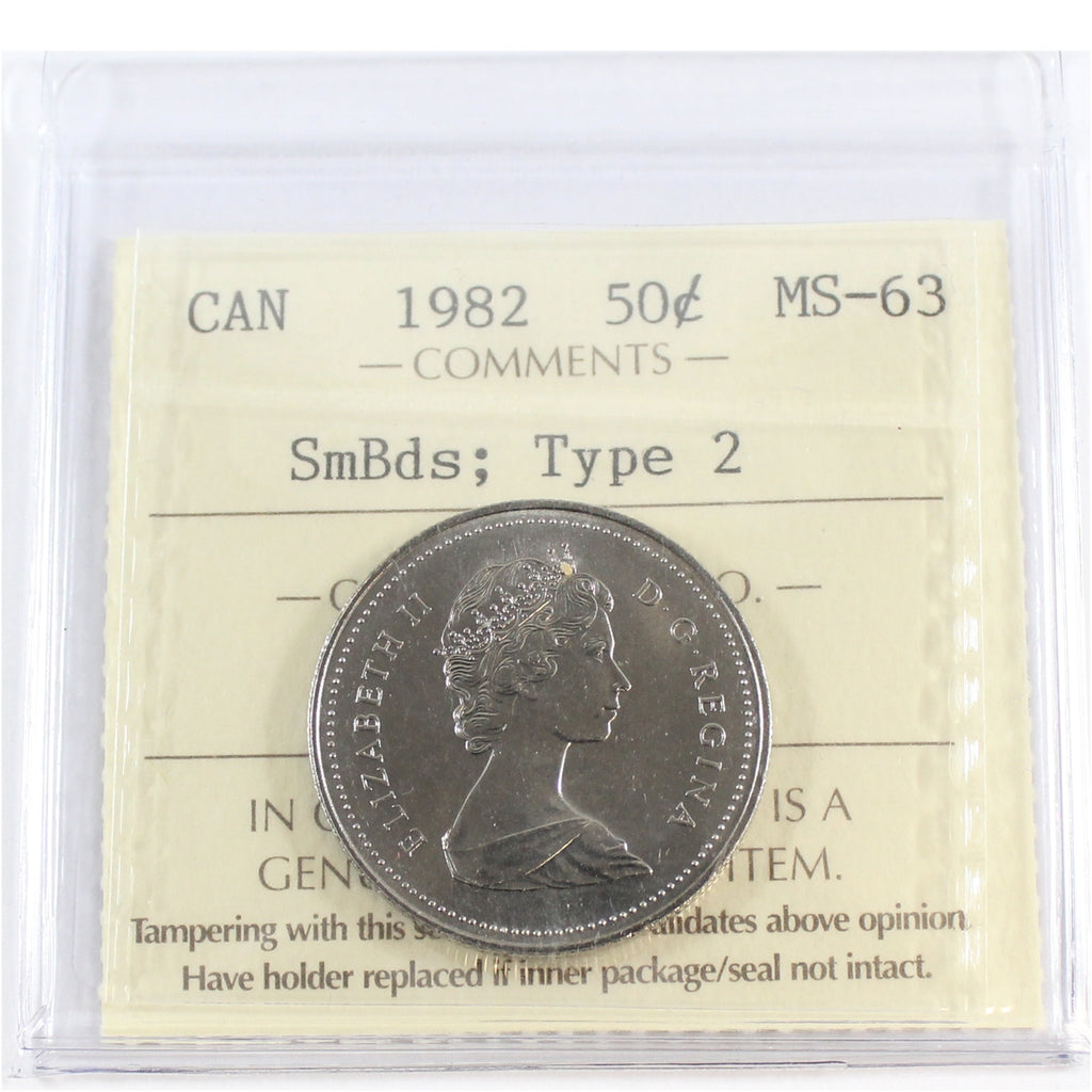 1982 Small Beads, Type 2 Canada 50-cents ICCS Certified MS63