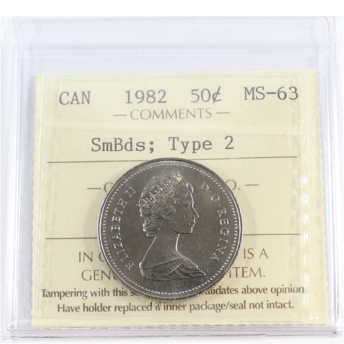 1982 Small Beads, Type 2 Canada 50-cents ICCS Certified MS63