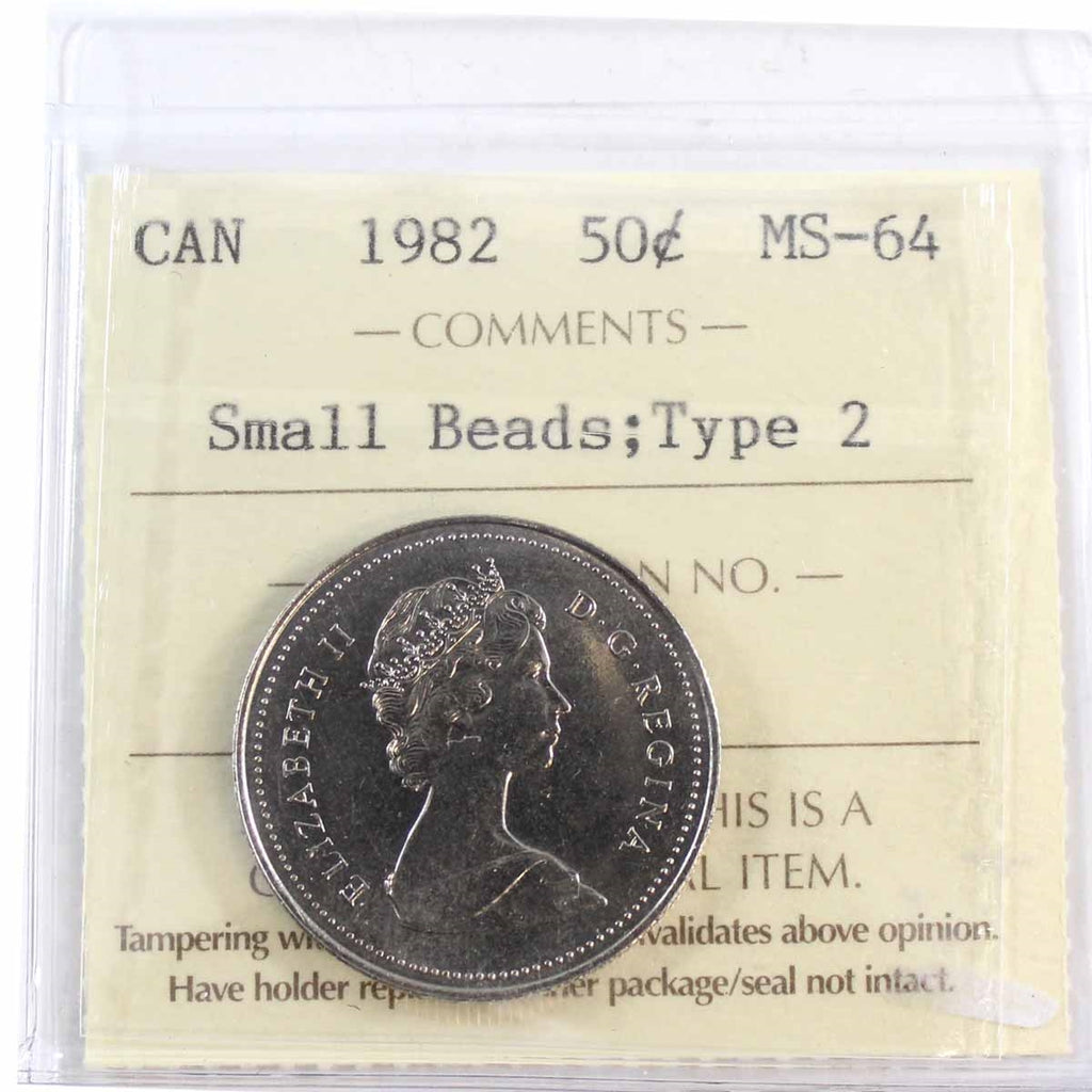 1982 Small Beads, Type 2 Canada 50-cents ICCS Certified MS64