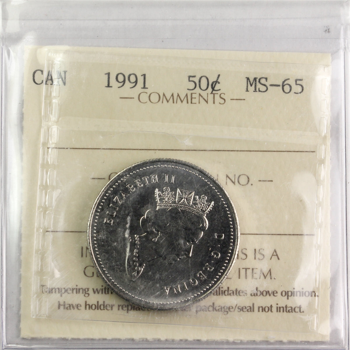 1991 Canada 50-cents ICCS Certified MS65