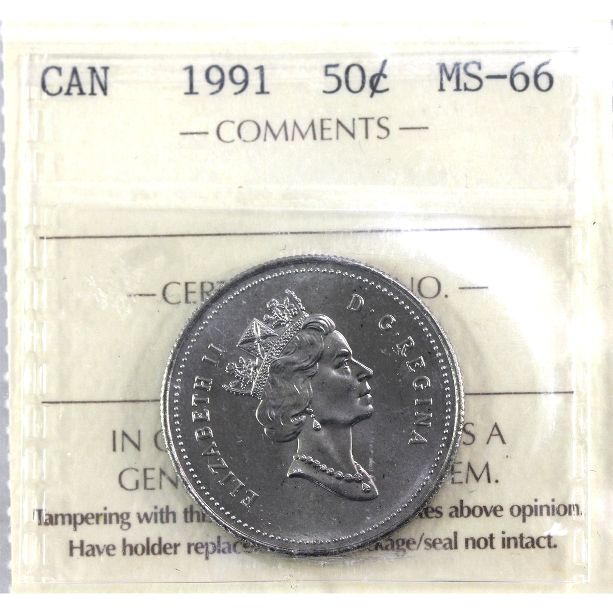 1991 Canada 50-cents ICCS Certified MS66