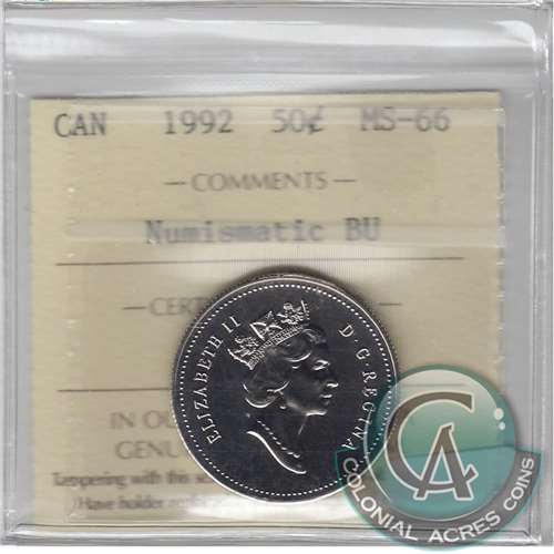 1992 Canada 50-cents ICCS Certified MS66 Numismatic BU