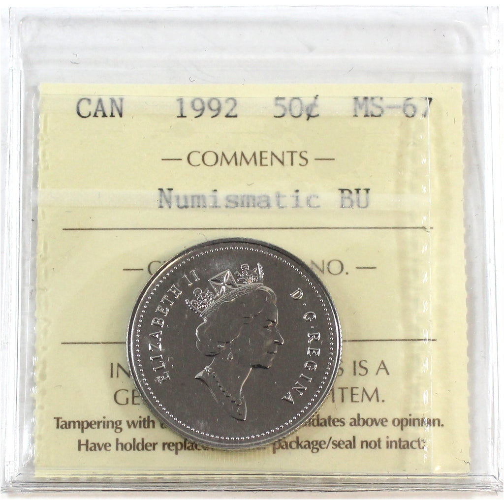 1992 Canada 50-cents ICCS Certified MS67 Numismatic BU