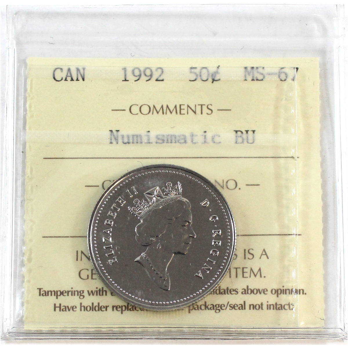1992 Canada 50-cents ICCS Certified MS67 Numismatic BU