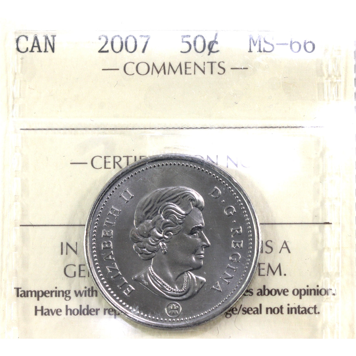 2007 Canada 50-cents ICCS Certified MS66