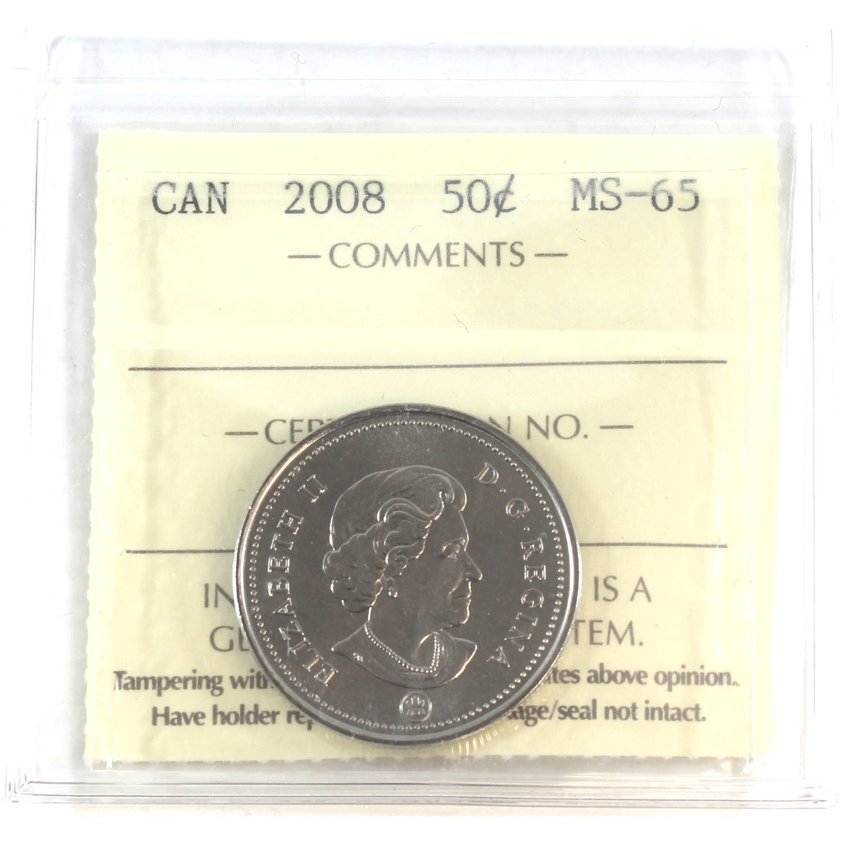 2008 Canada 50-cents ICCS Certified MS65