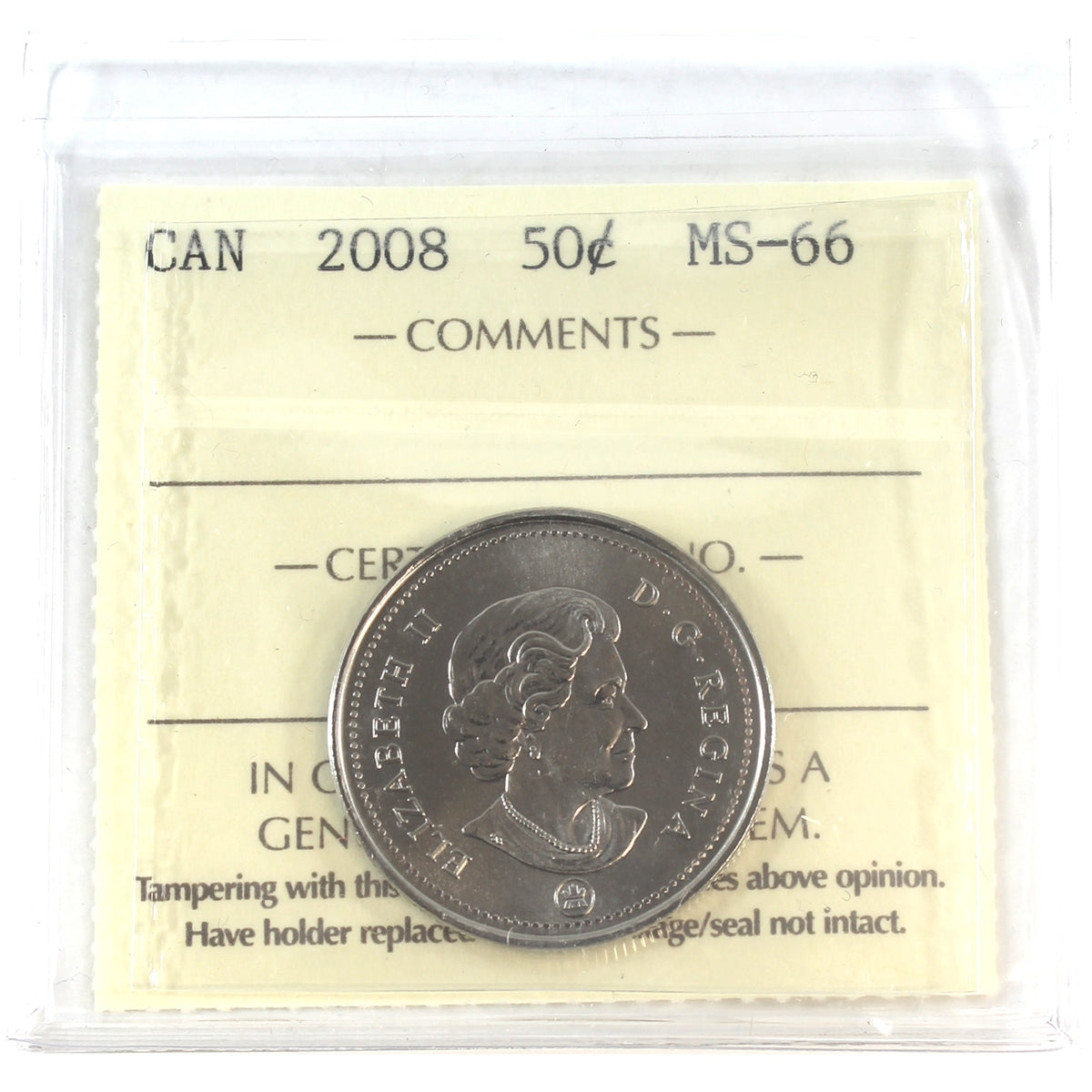 2008 Canada 50-cents ICCS Certified MS66