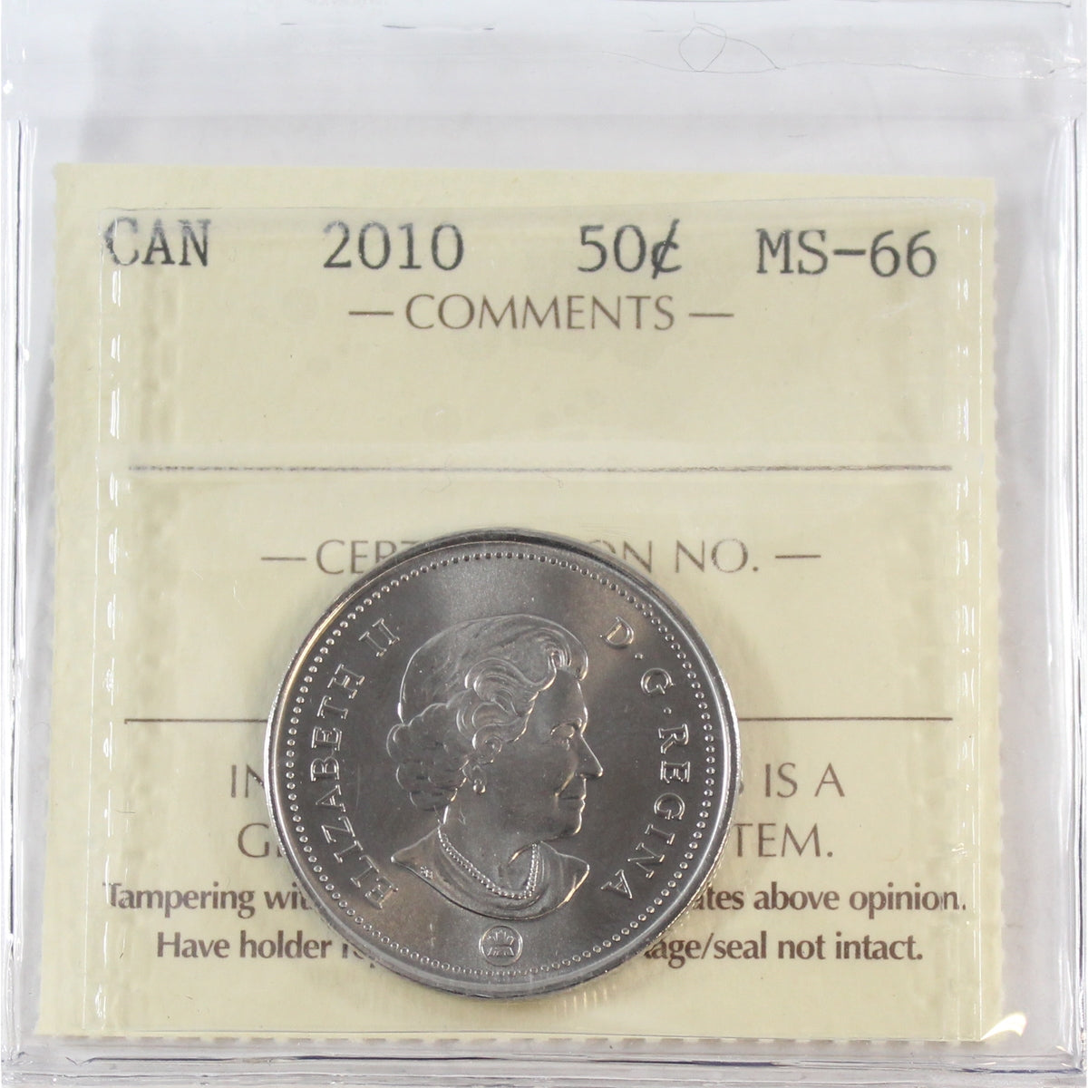 2010 Canada 50-cents ICCS Certified MS66