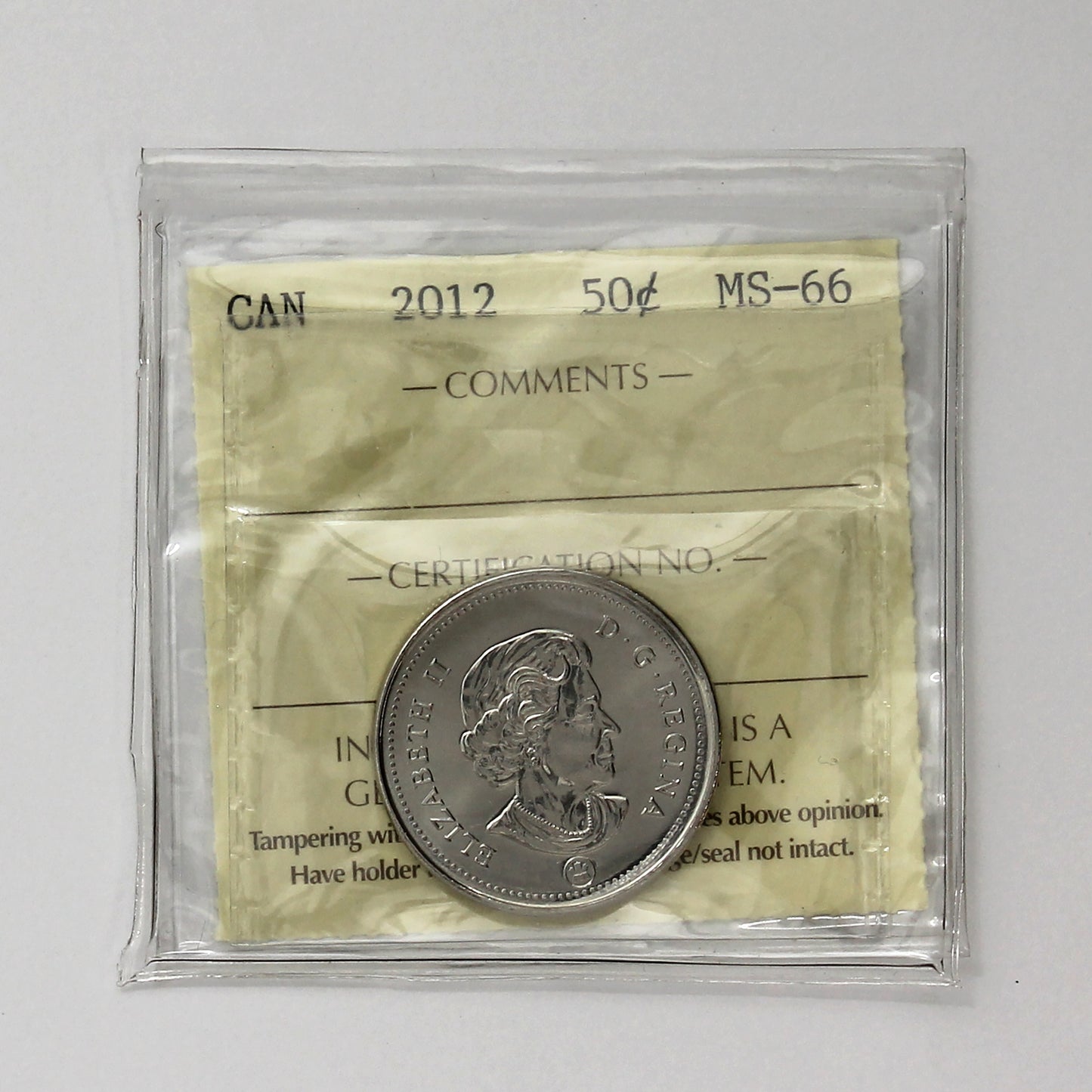 2012 Canada 50-cents ICCS Certified MS66