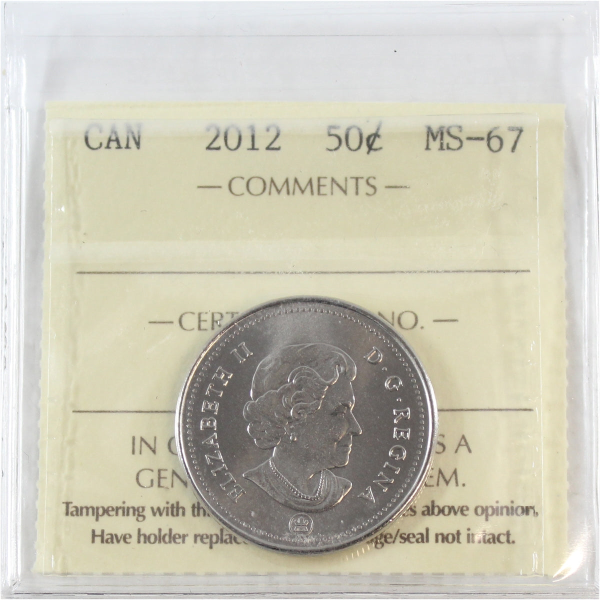 2012 Canada 50-cents ICCS Certified MS67