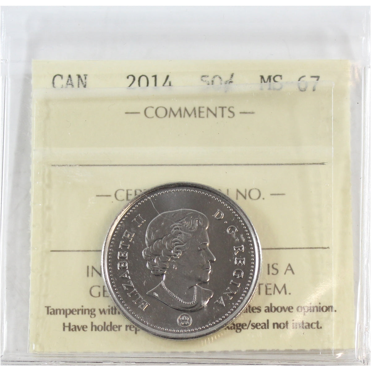2014 Canada 50-cents ICCS Certified MS67