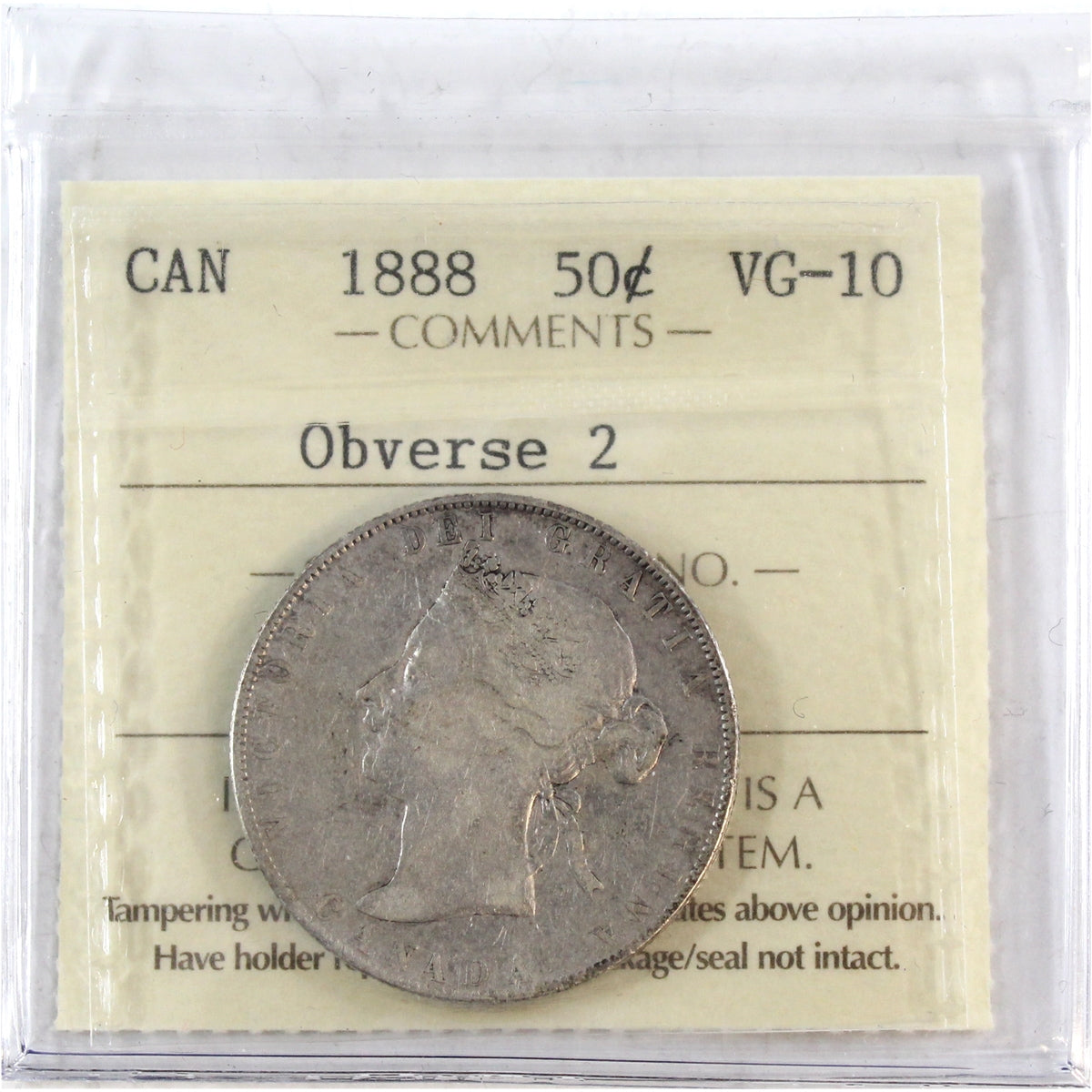 1888 Obv. 2 Canada 50-cents ICCS Certified VG10