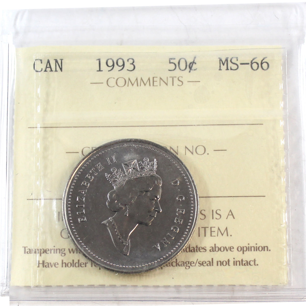 1993 Canada 50-cents ICCS Certified MS66