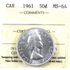 1961 Canada 50-cents ICCS Certified MS64