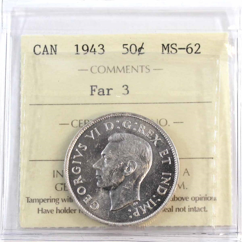 1943 Far 3 Canada 50-cents ICCS Certified MS62