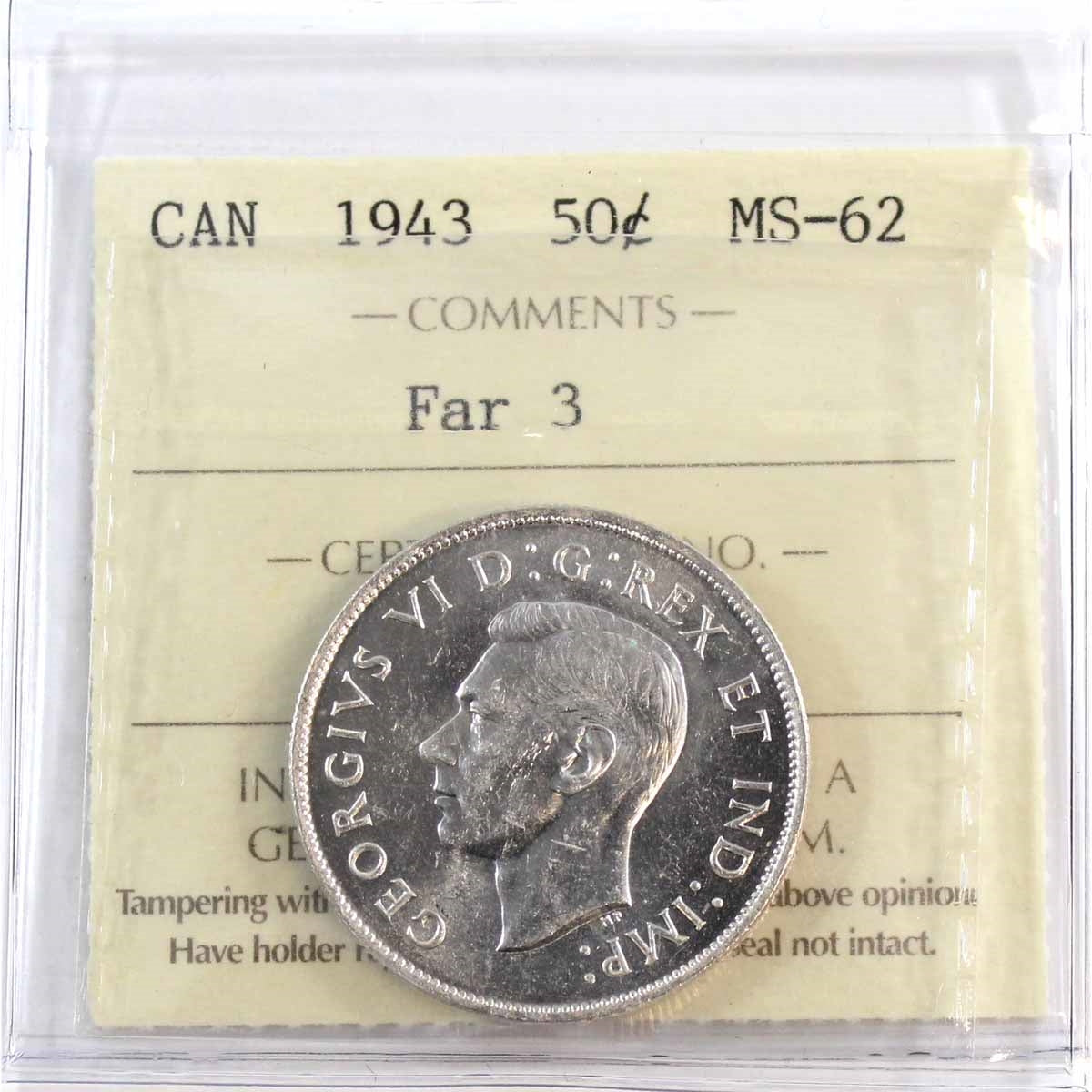 1943 Far 3 Canada 50-cents ICCS Certified MS62