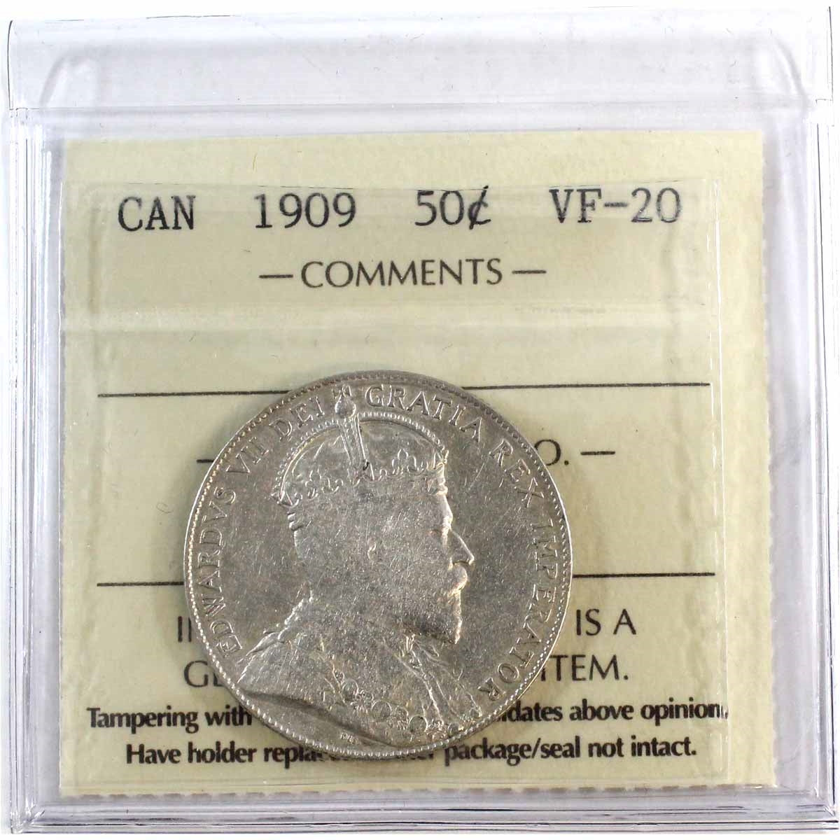 1909 Canada 50-cents ICCS Certified VF20