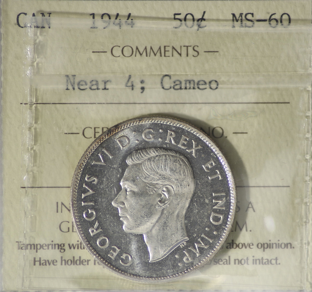 1944 Near 4 Canada 50-cents ICCS Certified MS60 Cameo