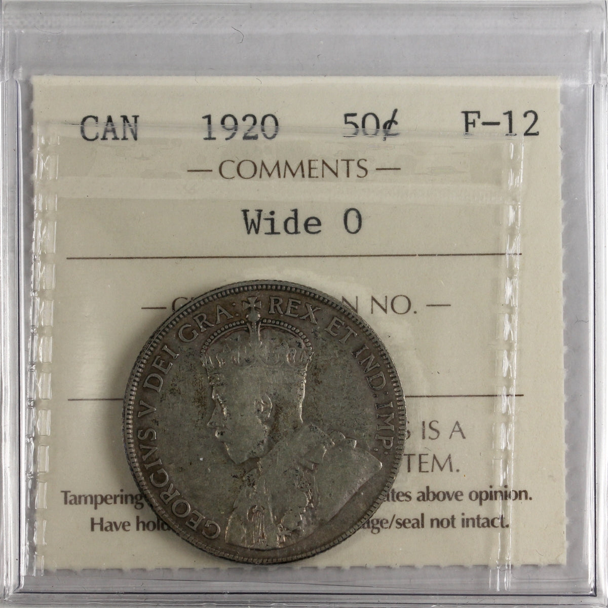 1920 Wide O Canada 50-cents ICCS Certified F12