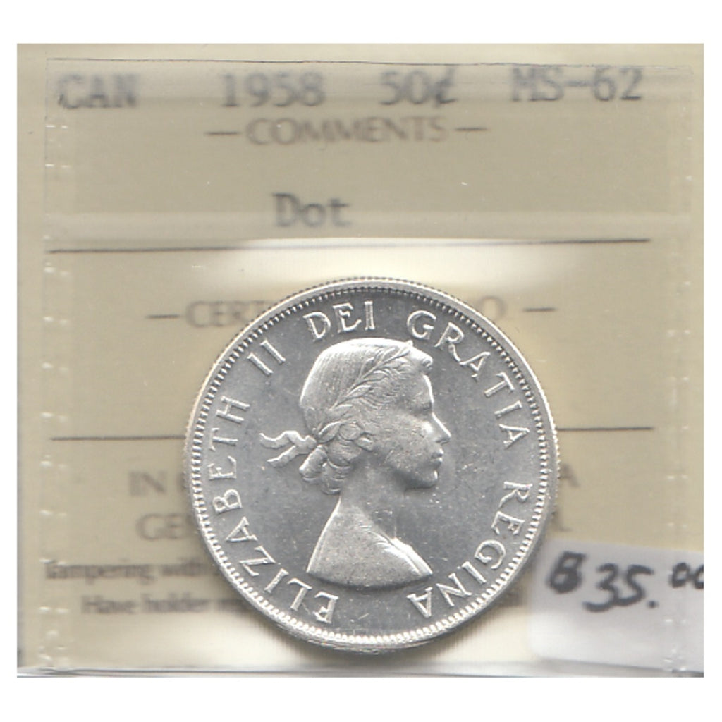 1958 Dot Canada 50-cents ICCS Certified MS62