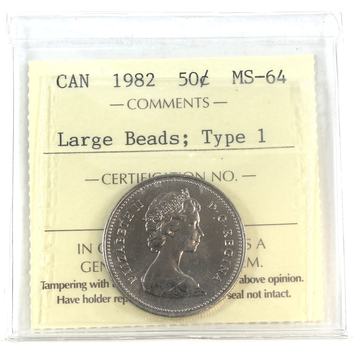 1982 Large Beads, Type 1 Canada 50-cents ICCS Certified MS64