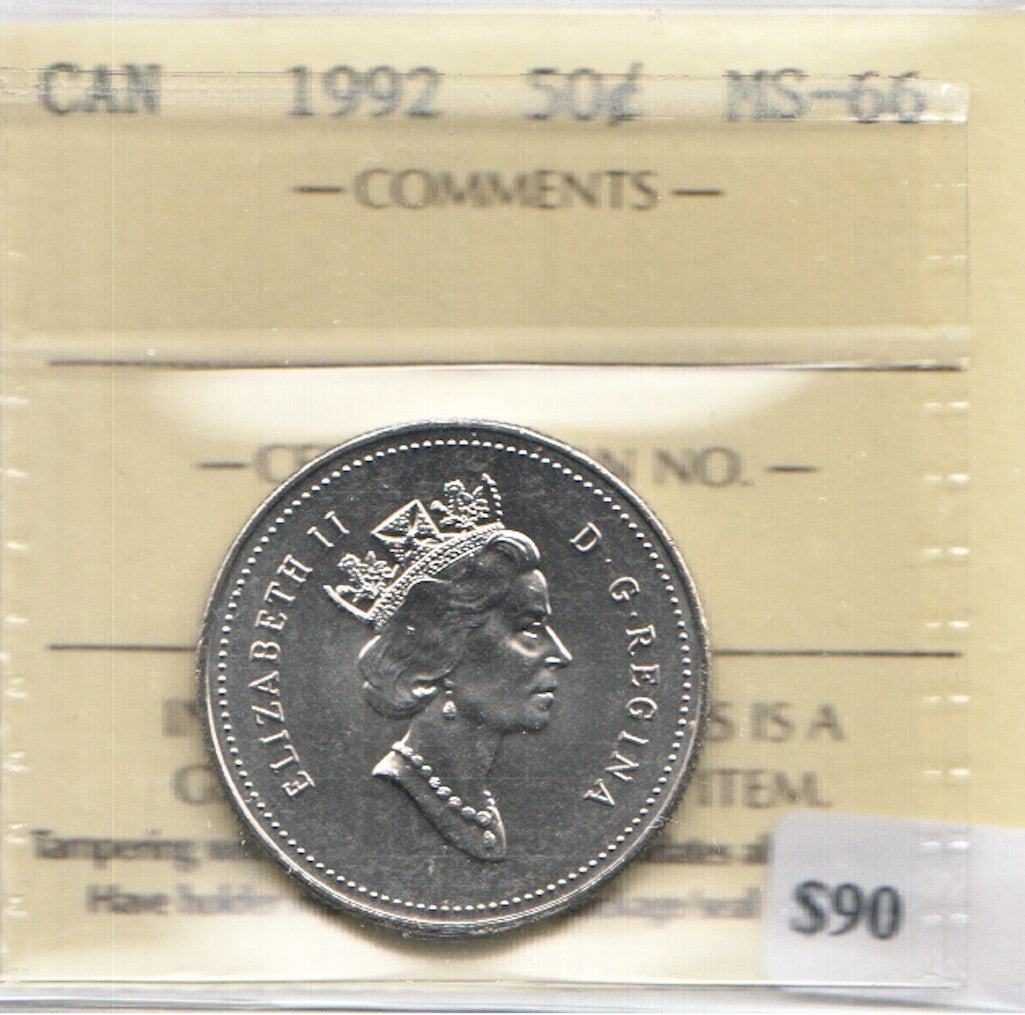 1992 Canada 50-cents ICCS Certified MS66