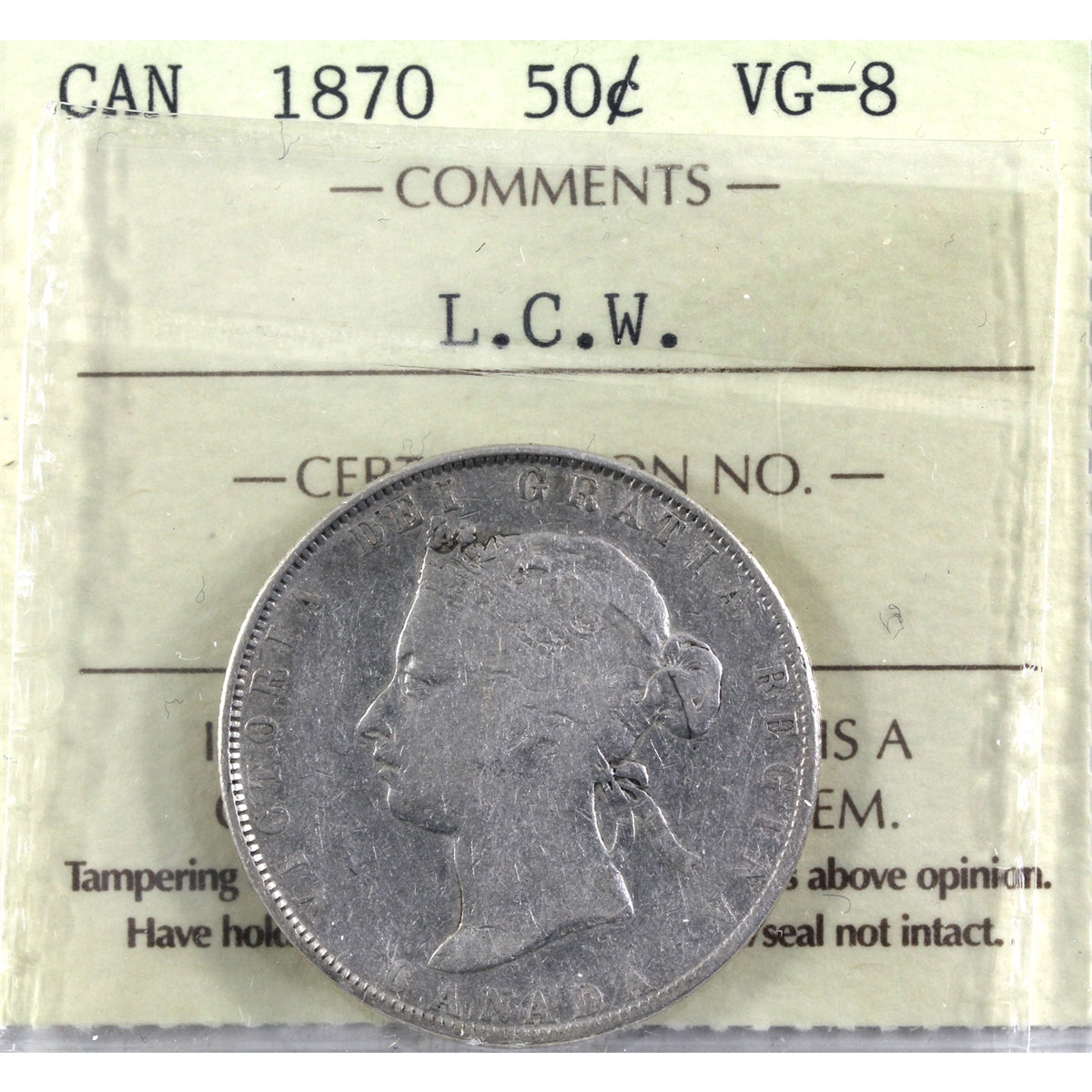 1870 LCW Canada 50-cents ICCS Certified VG8