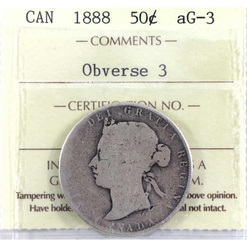 1888 Obv. 3 Canada 50-cents ICCS Certified AG3