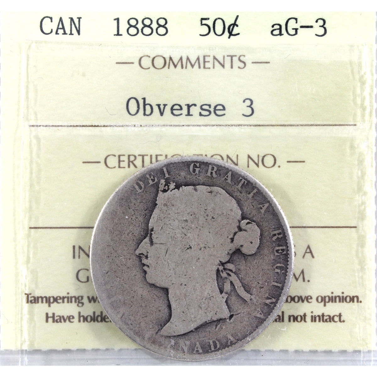 1888 Obv. 3 Canada 50-cents ICCS Certified AG3