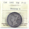 1892 Obv. 4 Canada 50-cents ICCS Certified F12