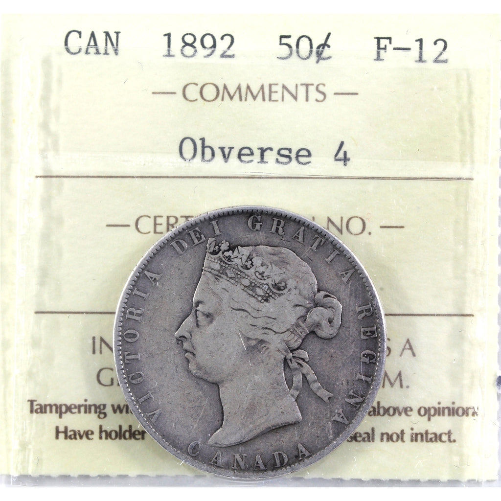 1892 Obv. 4 Canada 50-cents ICCS Certified F12