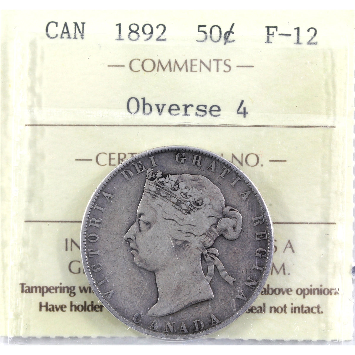 1892 Obv. 4 Canada 50-cents ICCS Certified F12