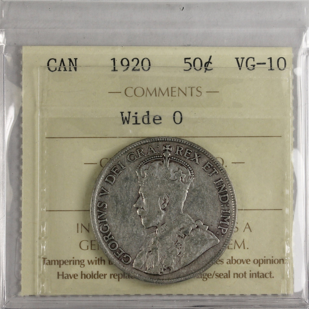 1920 Wide O Canada 50-cents ICCS Certified VG10