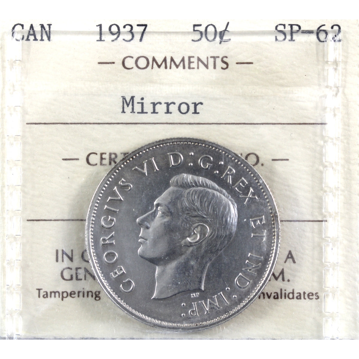 1937 Mirror Canada 50-cents ICCS Certified SP62 (OG 384)
