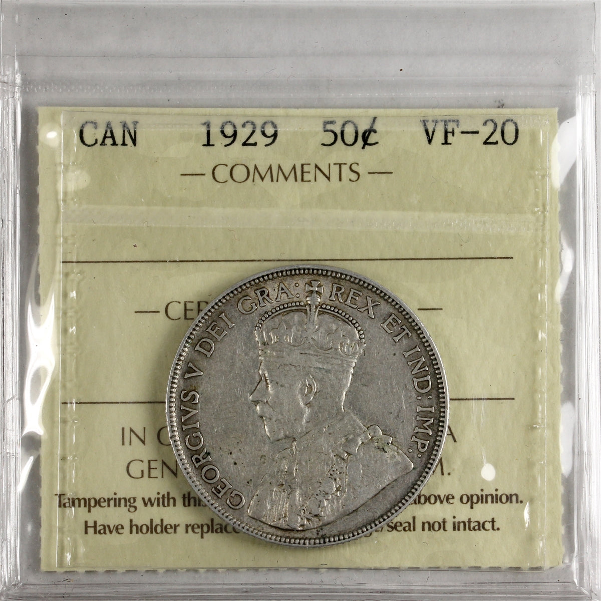 1929 Canada 50-cents ICCS Certified VF20