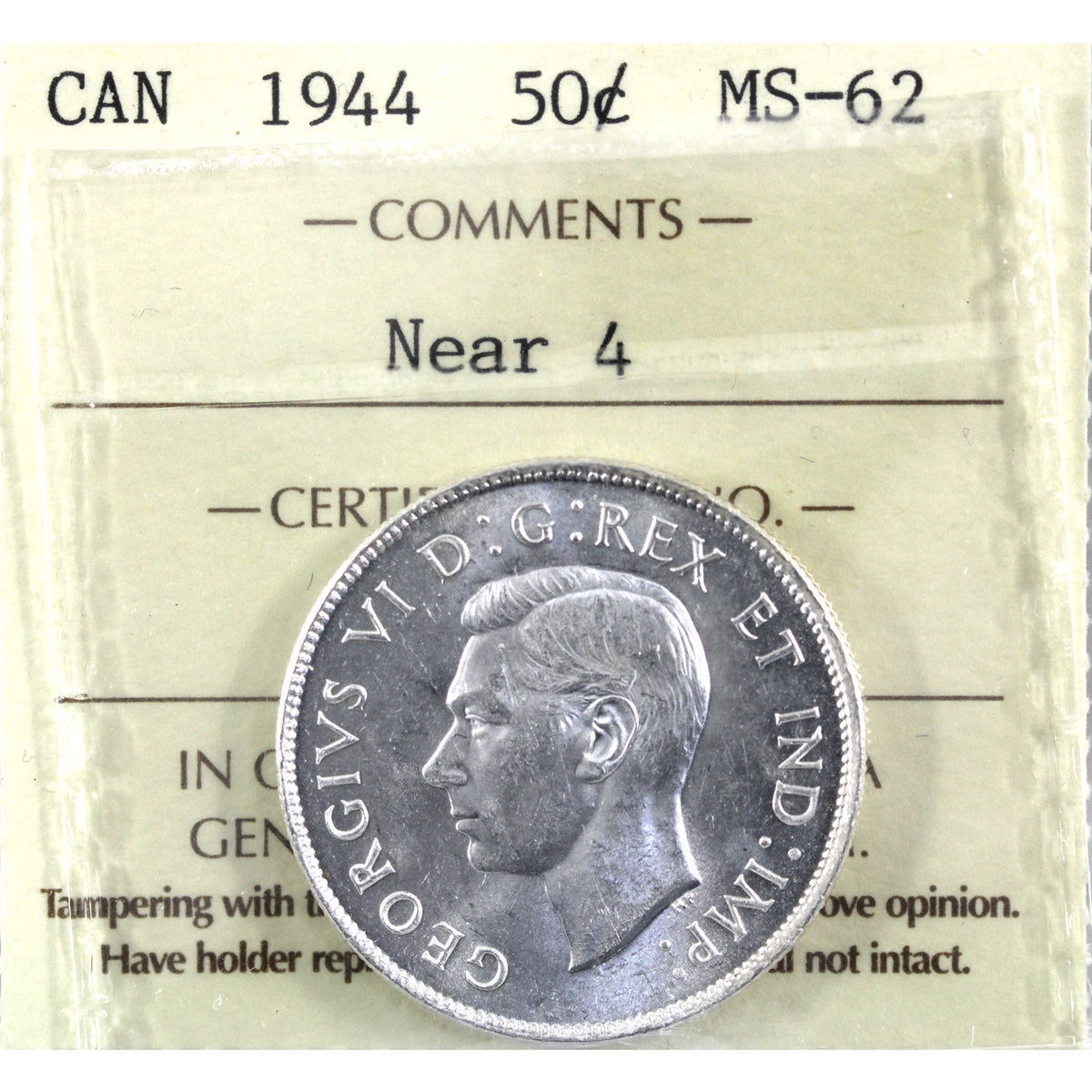 1944 Near 4 Canada 50-cents ICCS Certified MS62